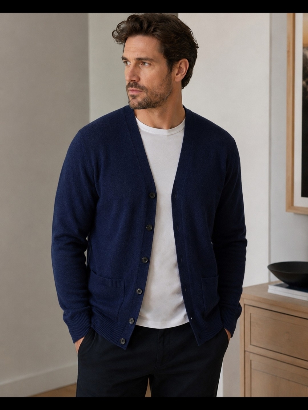 Uniqlo Men's Navy Button-Front V-Neck Cardigan 100% Wool